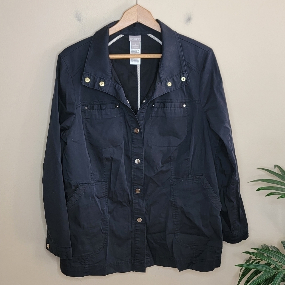 Chico's Black Twill Utility Jacket with Snap Front Chico's Size 2 or 12/14